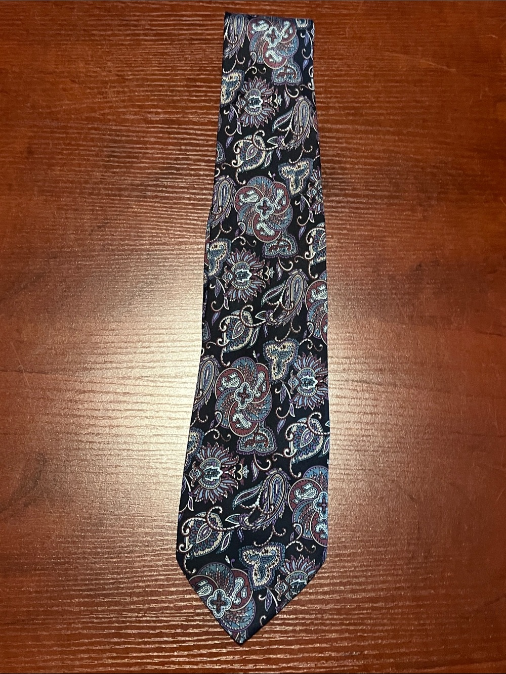 London Fog Paisley Silk Tie in Navy, Blue, and Burgundy